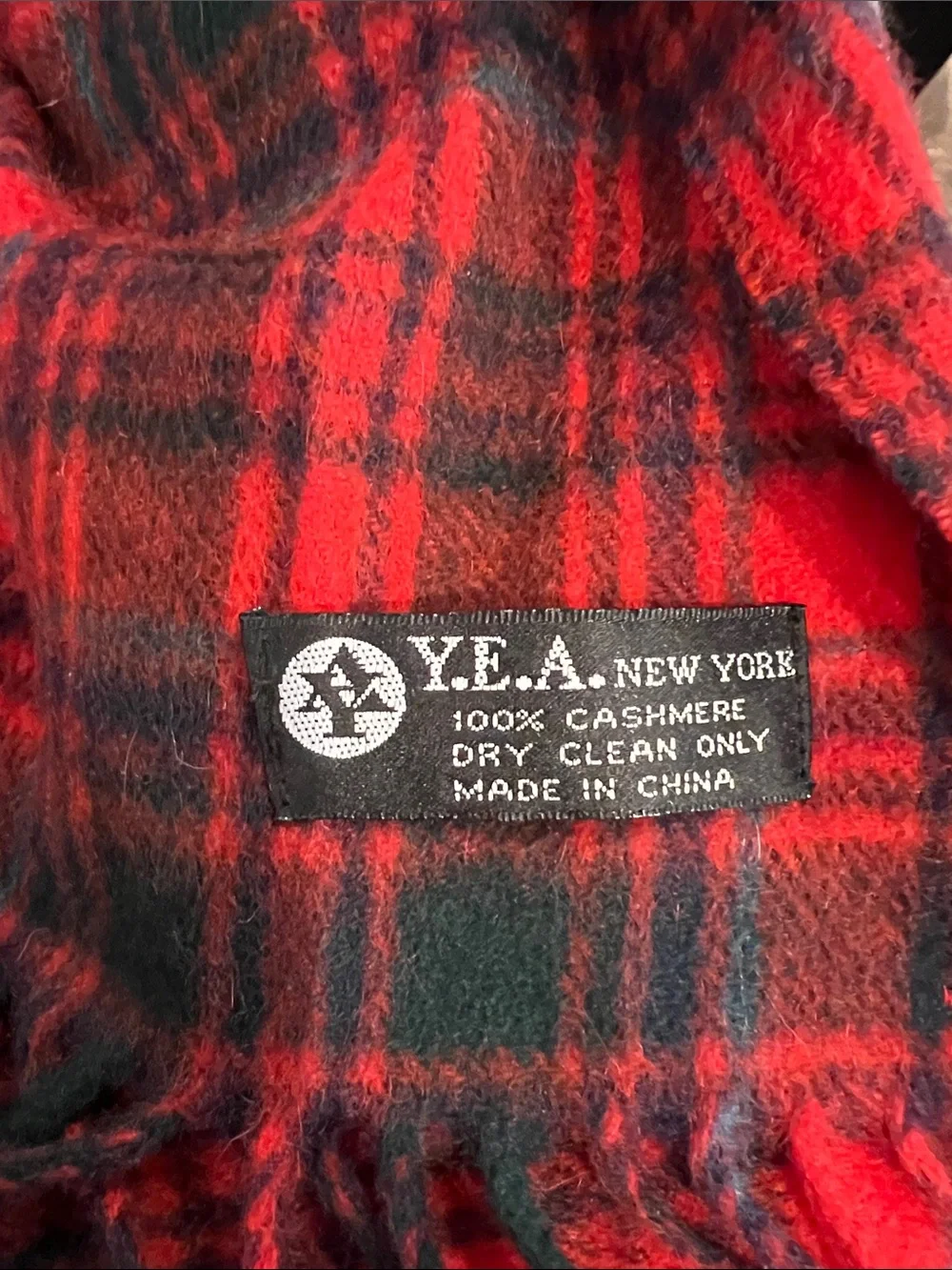 Y.E.A. New York Cashmere Red & Black Plaid Fringe Scarf